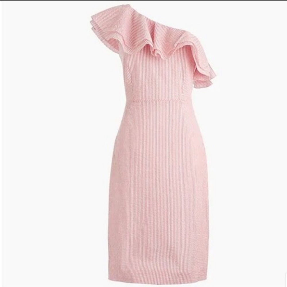 NWT J. Crew Pink Seersucker One-Shoulder Dress